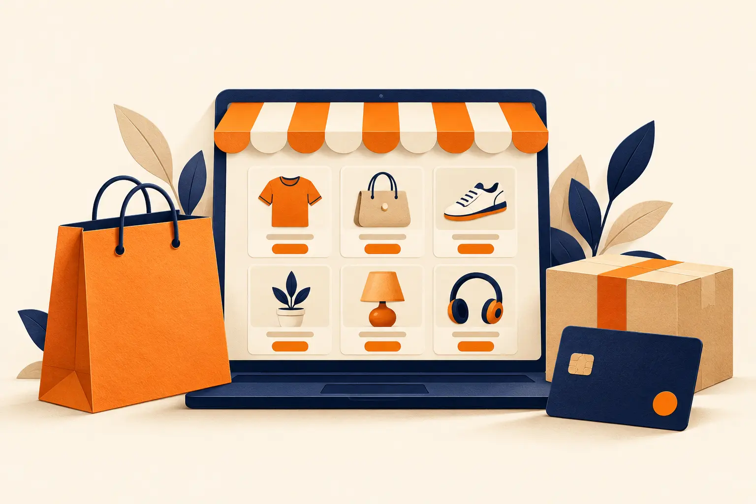 Online storefront with products, a shopping bag, parcel and payment card.