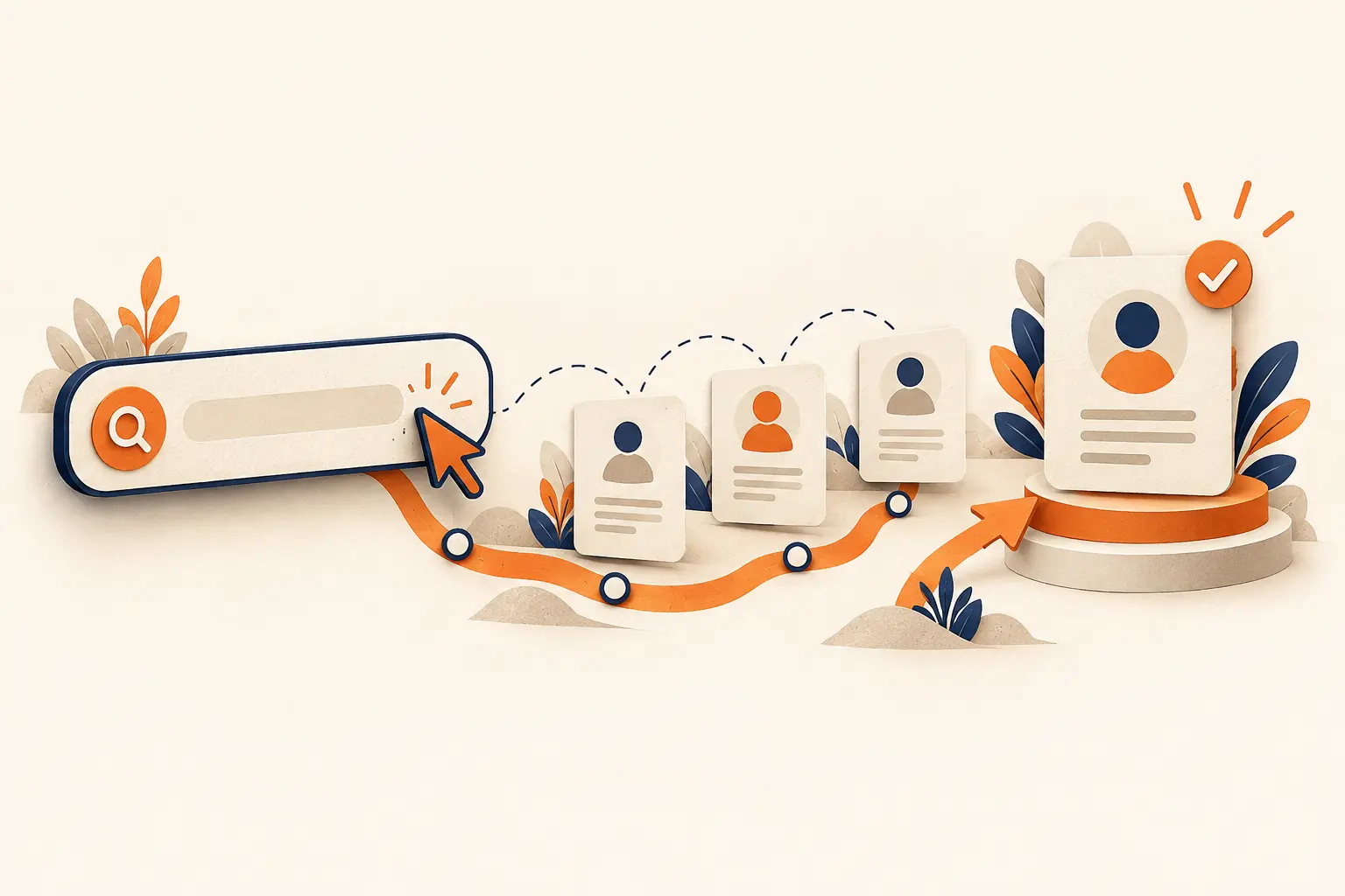 Search bar and enquiry cards illustrating a lead-generation journey.