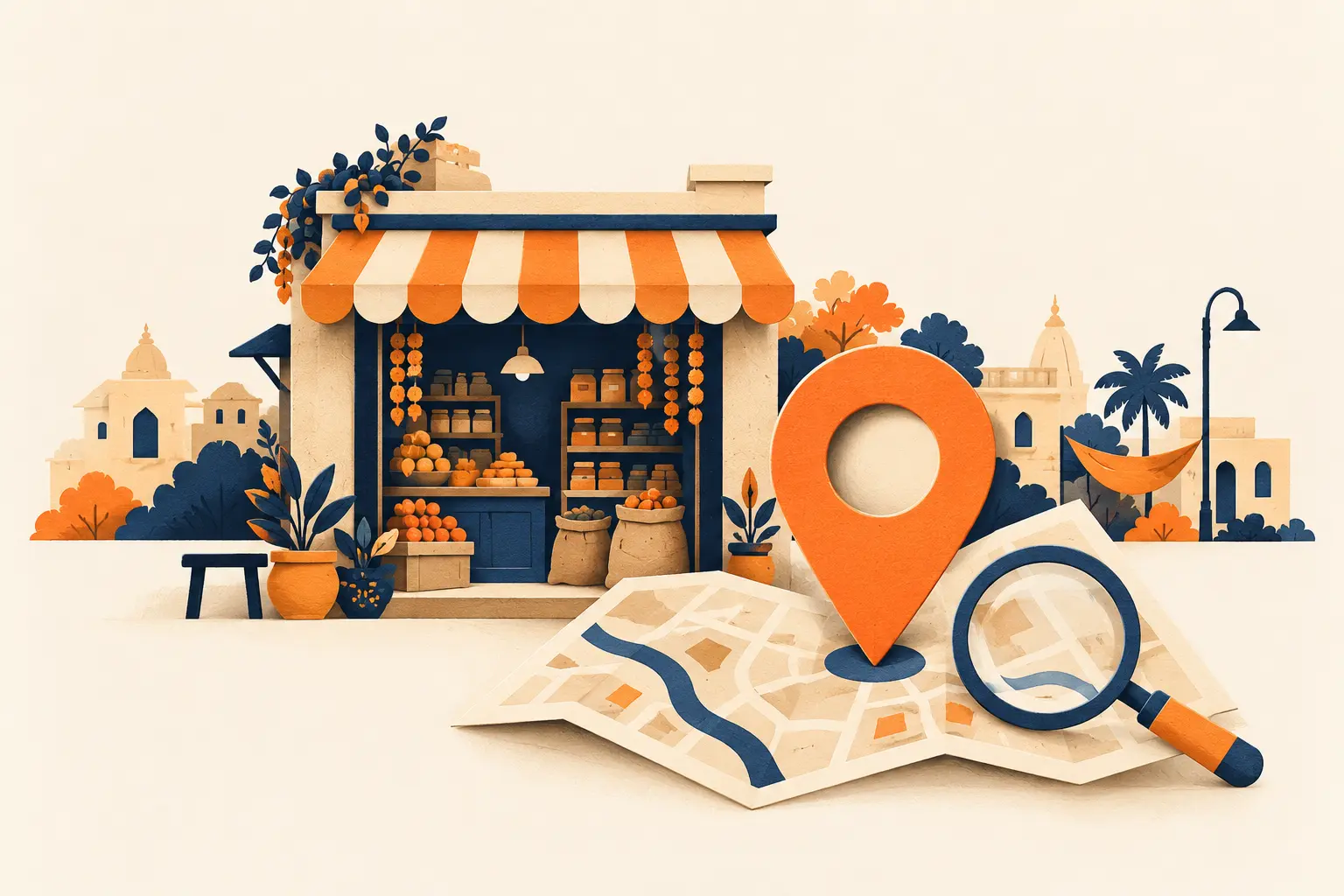 Local shop with a location pin, map and magnifying glass.