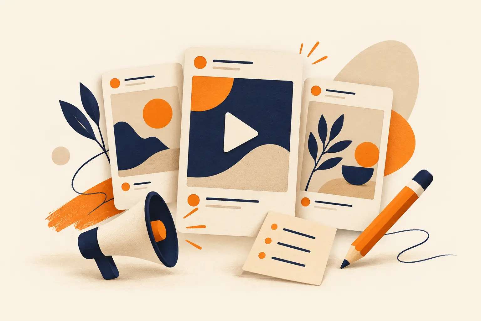 Social content cards, a megaphone and pencil for creative planning.