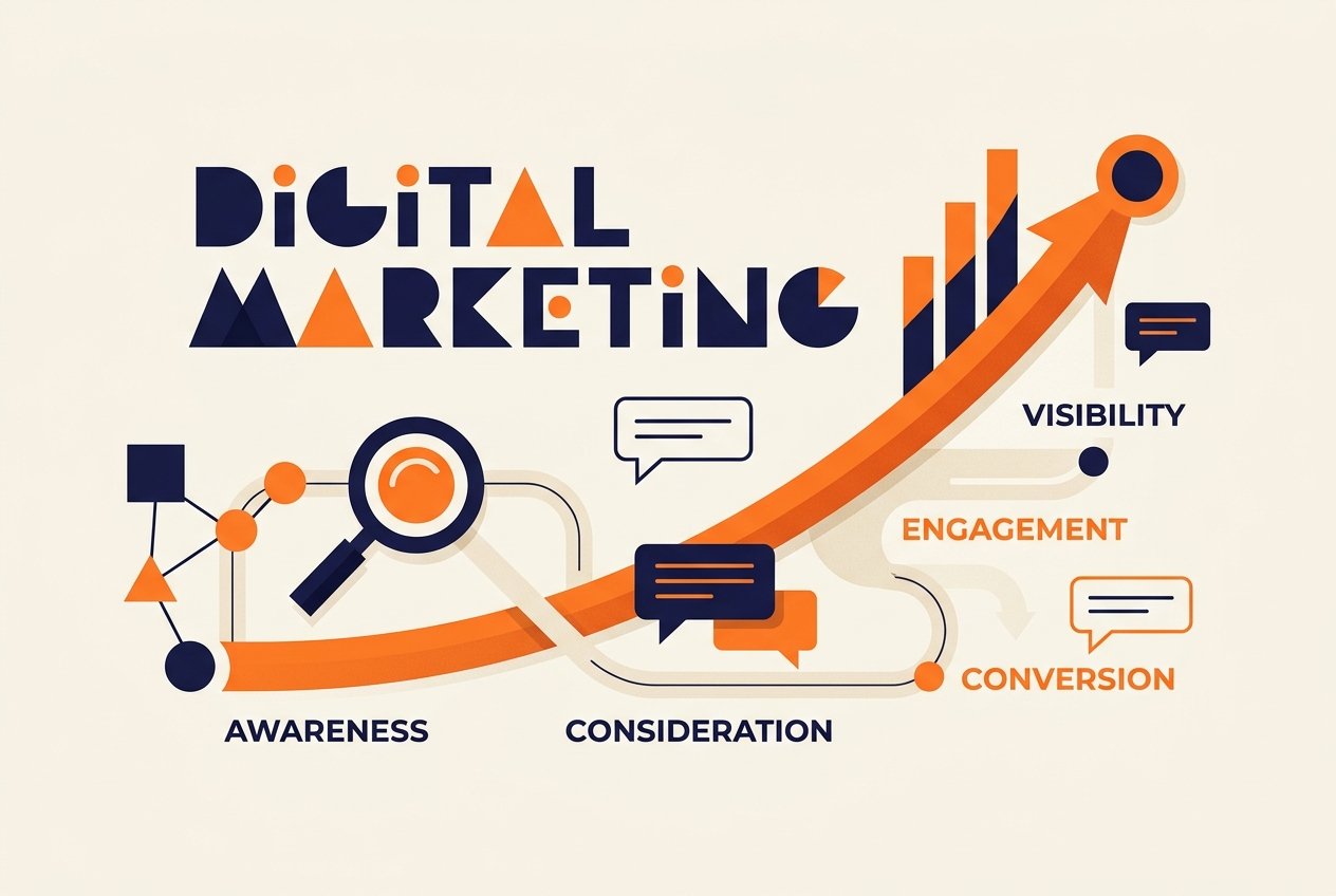 Digital marketing journey illustrating awareness, consideration, visibility, engagement, and conversion.