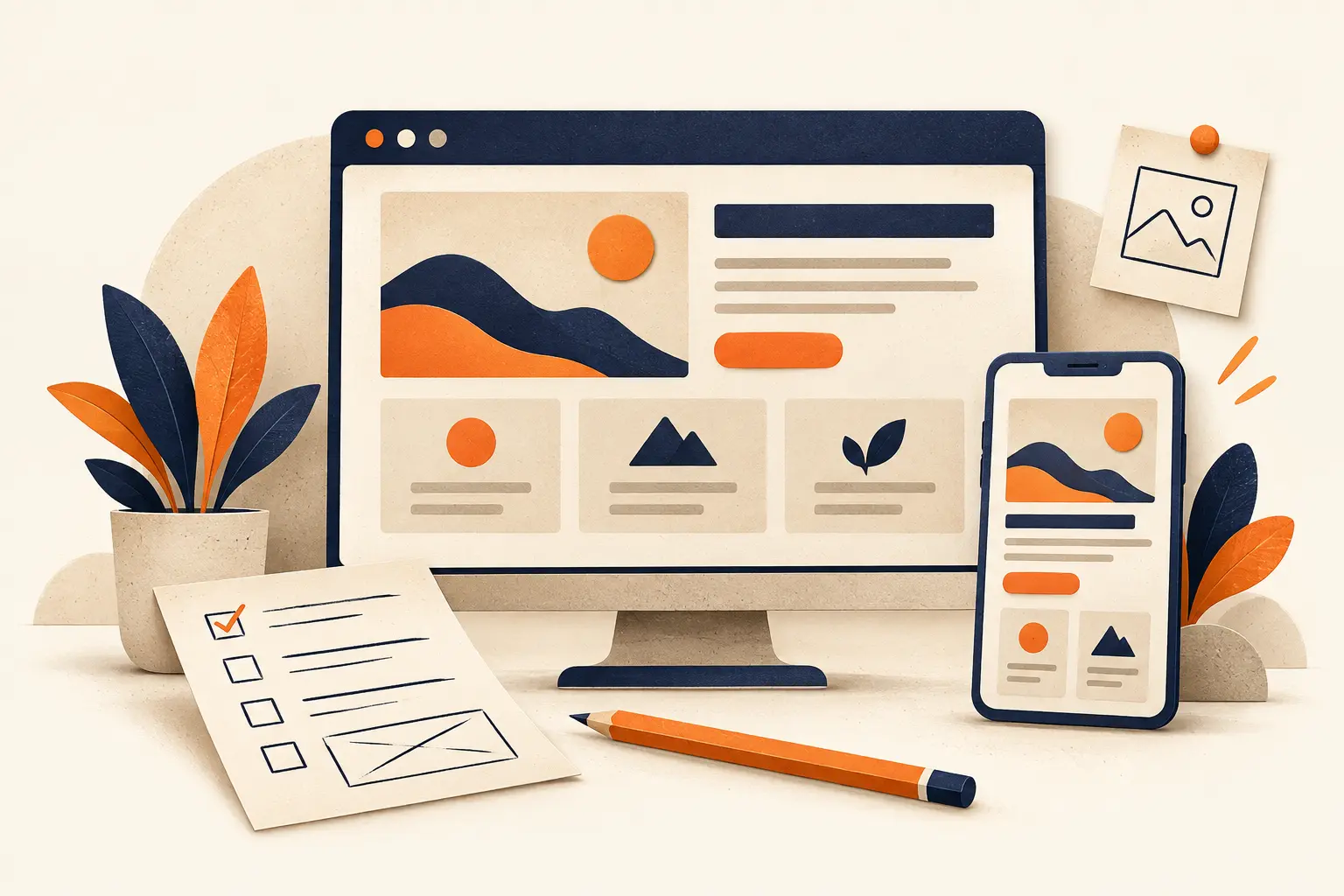 Desktop website, mobile layout and planning checklist in cream, navy and orange.