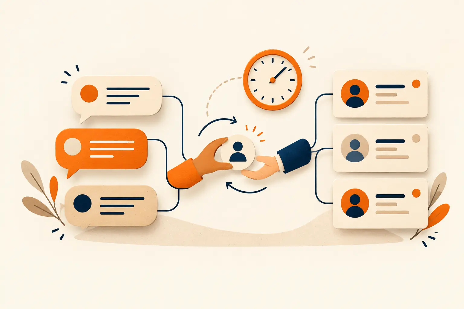 Chat bubbles, contact cards and a handoff illustration for enquiry follow-up.